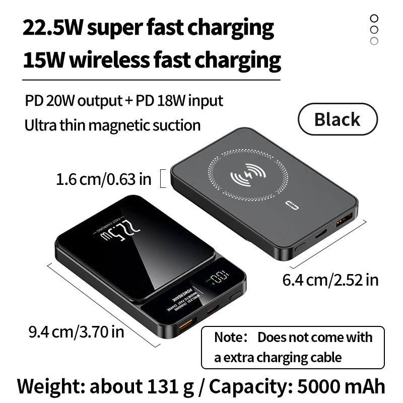 5000mAh portable magnetic wireless charging power bank 22.5W super fast charging digital display mobile phone power bank
