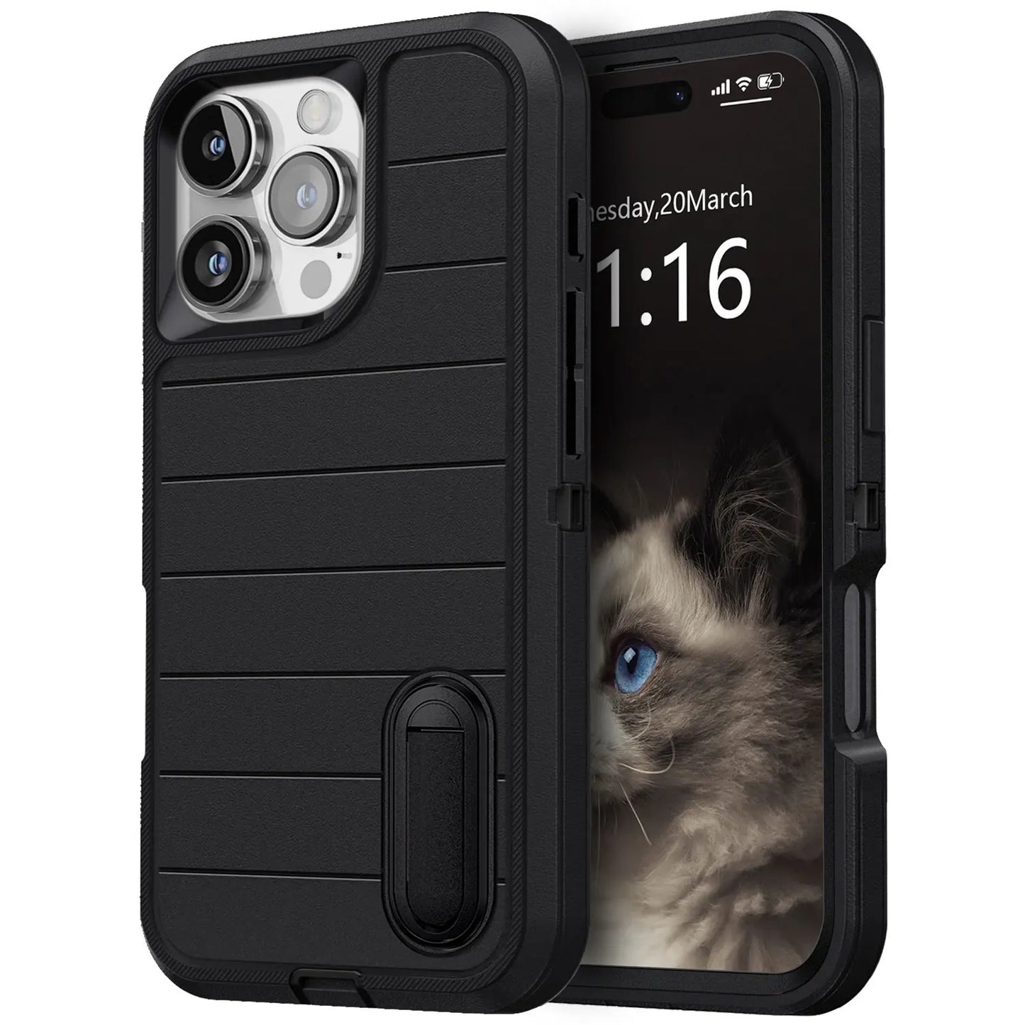 For iPhone 16/iPhone 16 Plus/iPhone 16 Pro/iPhone 16 Pro Max Case 3-Layers Heavy Duty Protective Kickstand Phone Cover Black