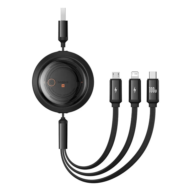 3 In 1 Retractable Phone Data Cable Type C USB 100W Fast Charging Cable Suitable For iPhone Huawei Xiaomi Android Micro