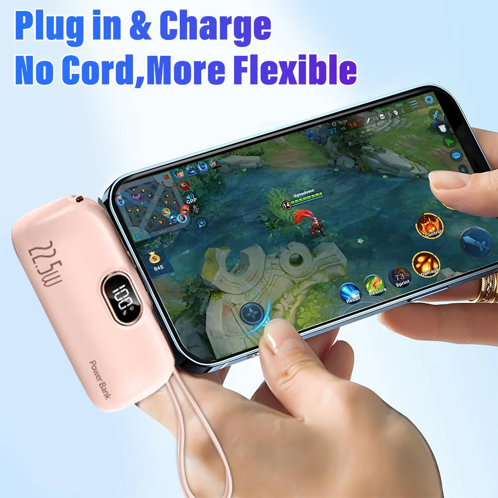 Mini Portable Power Bank 5000mAh 22.5W Fast Charge LED Display Lightning/Type-C Plug Capsule External Battery Pack Powerbank