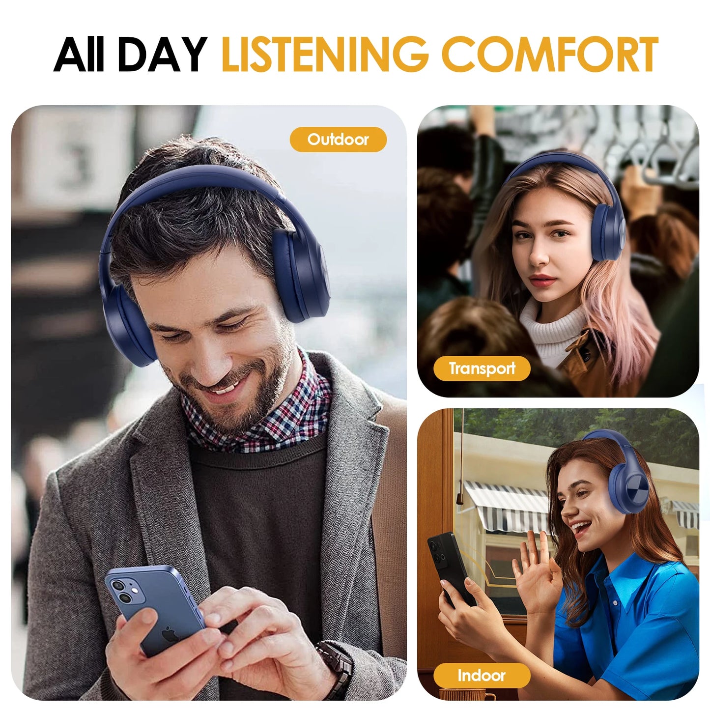 Siindoo JH-923 Wireless Headphones Over Ear,Foldable Bluetooth Headsets,3EQ Sound Modes, Hi-Res Audio with Mic Deep Bass Blue