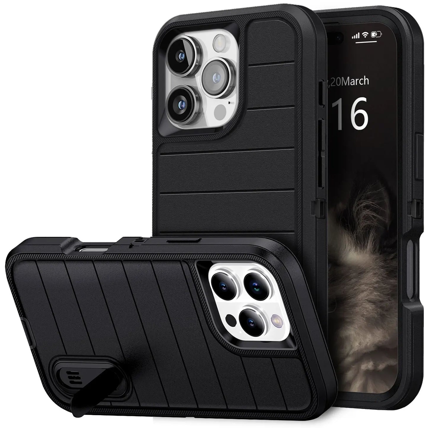 For iPhone 16/iPhone 16 Plus/iPhone 16 Pro/iPhone 16 Pro Max Case 3-Layers Heavy Duty Protective Kickstand Phone Cover Black