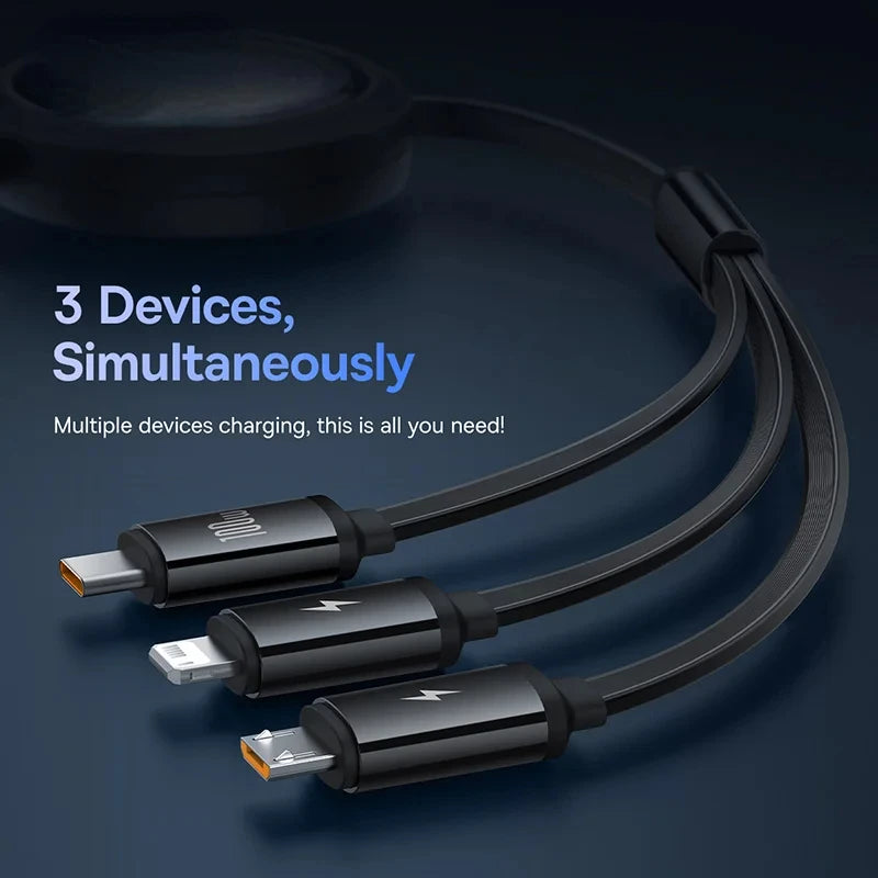 3 In 1 Retractable Phone Data Cable Type C USB 100W Fast Charging Cable Suitable For iPhone Huawei Xiaomi Android Micro