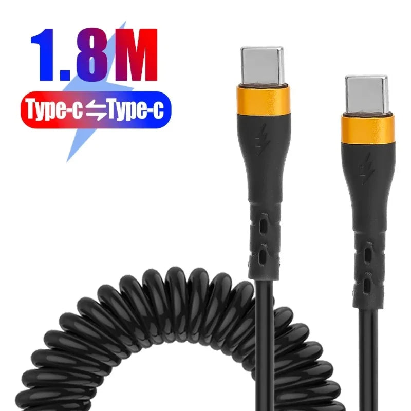 PD 120W Coiled USB C To C Cable Retractable Cable Curls Fast Charge Cord for Samsung IPhone 15 Pro Max Type C Data Transfer Wire