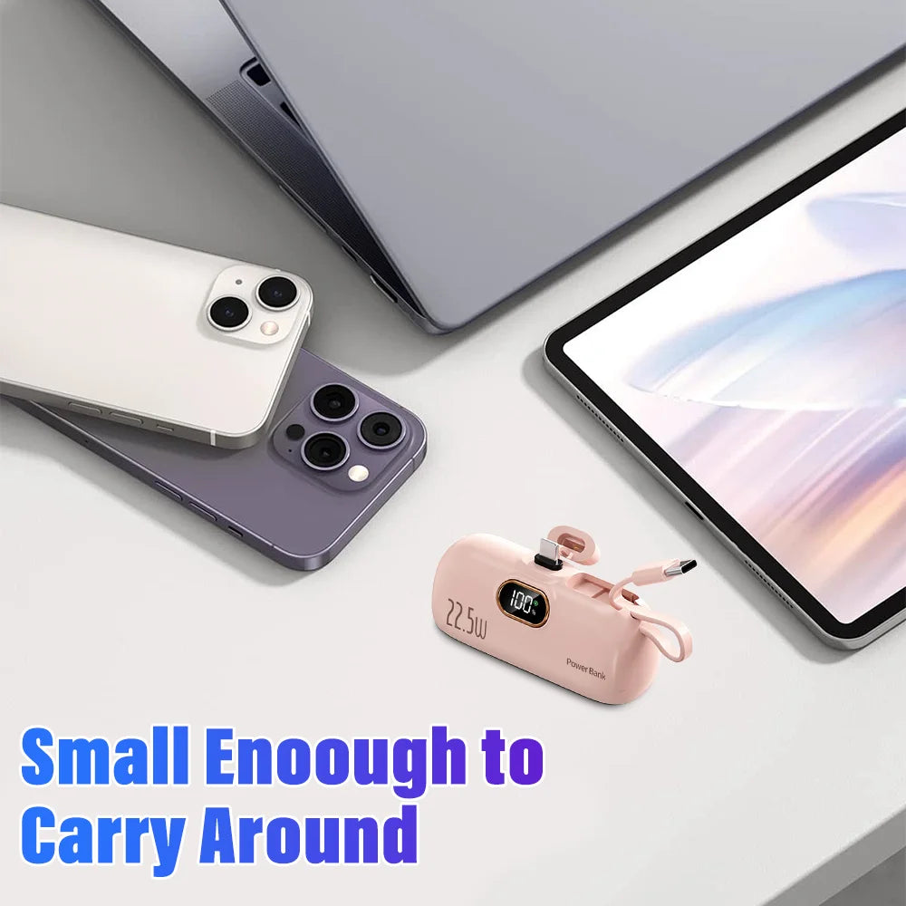 Mini Portable Power Bank 5000mAh 22.5W Fast Charge LED Display Lightning/Type-C Plug Capsule External Battery Pack Powerbank