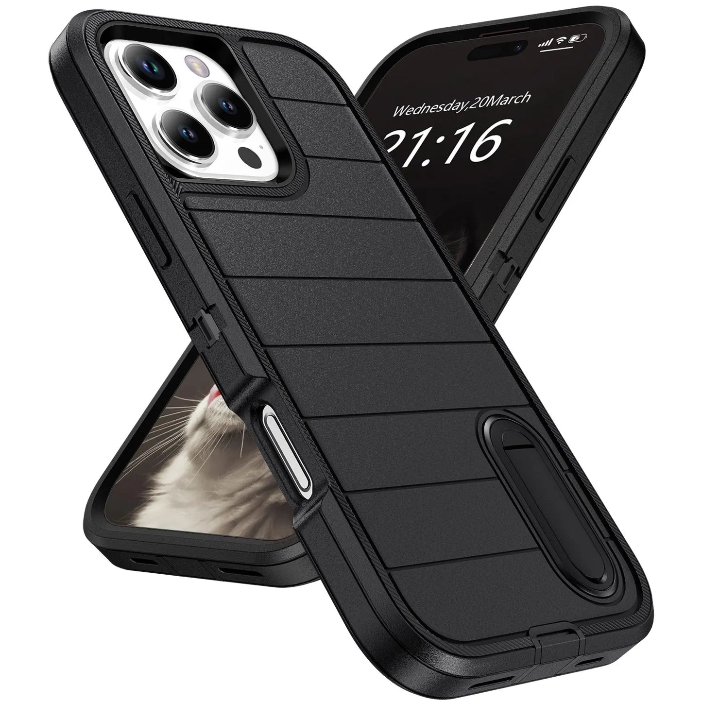 For iPhone 16/iPhone 16 Plus/iPhone 16 Pro/iPhone 16 Pro Max Case 3-Layers Heavy Duty Protective Kickstand Phone Cover Black