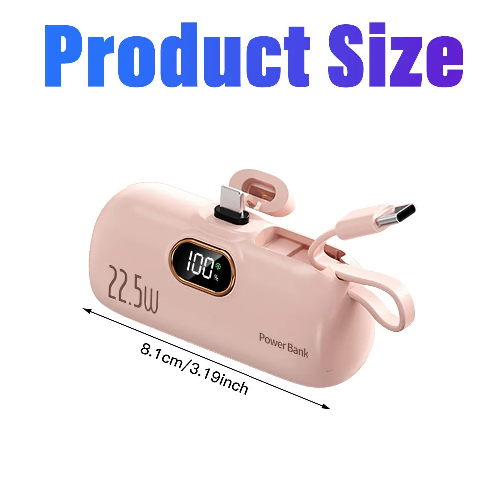 Mini Portable Power Bank 5000mAh 22.5W Fast Charge LED Display Lightning/Type-C Plug Capsule External Battery Pack Powerbank
