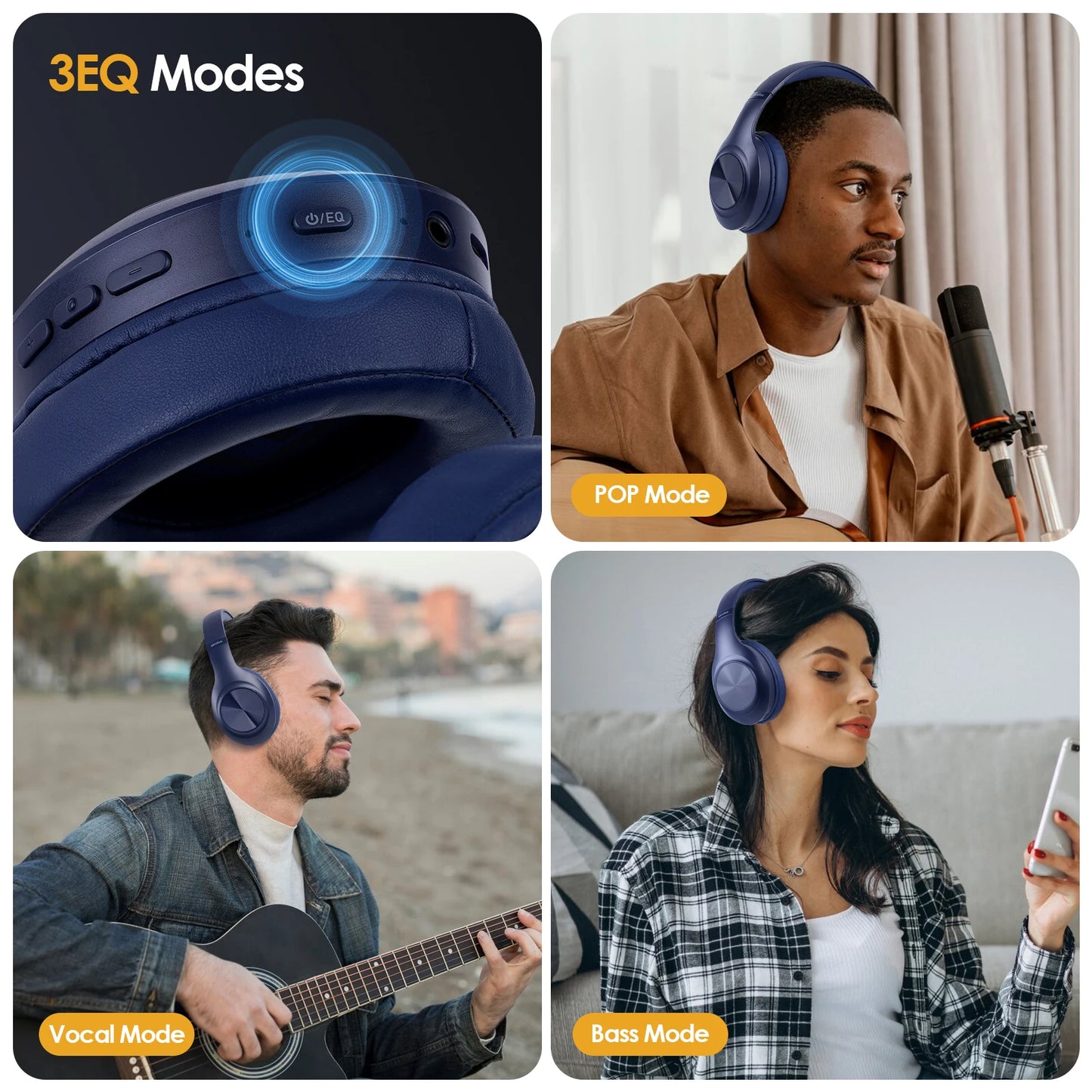 Siindoo JH-923 Wireless Headphones Over Ear,Foldable Bluetooth Headsets,3EQ Sound Modes, Hi-Res Audio with Mic Deep Bass Blue