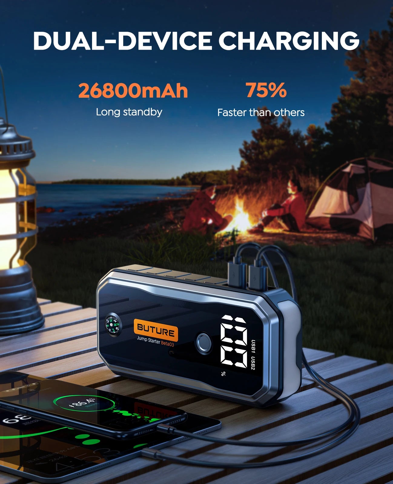 BUTURE 5000A Jump Starter 160W DC Quick Charge 26800 mAh Car Power Bank Portable For Emergency Booster Starting Device