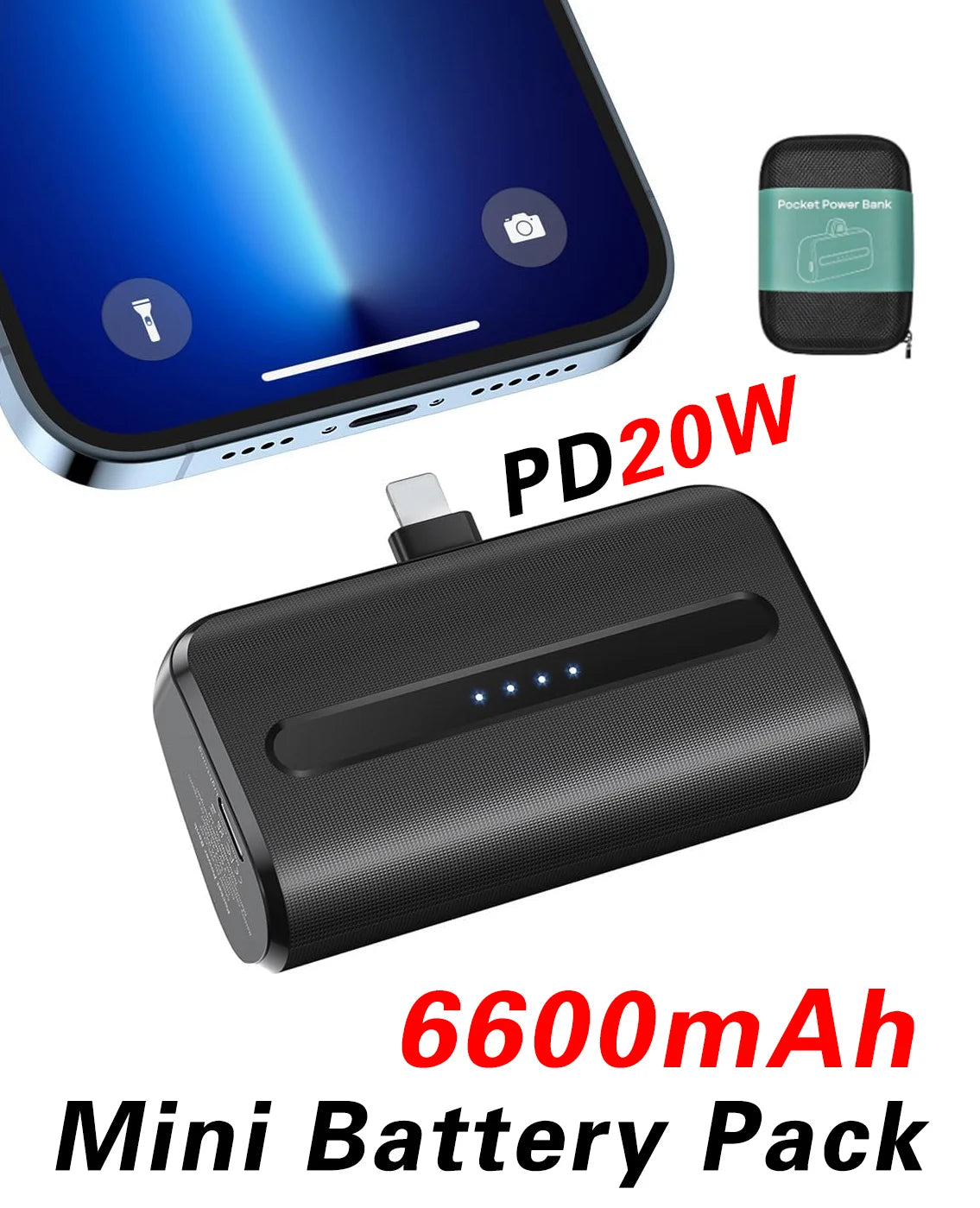 Mini Power Bank Portable 6000mAh Fast Charge With Type-C/Lightning Plug Compact Emergency Battery Pack for IPhone/Android Phone