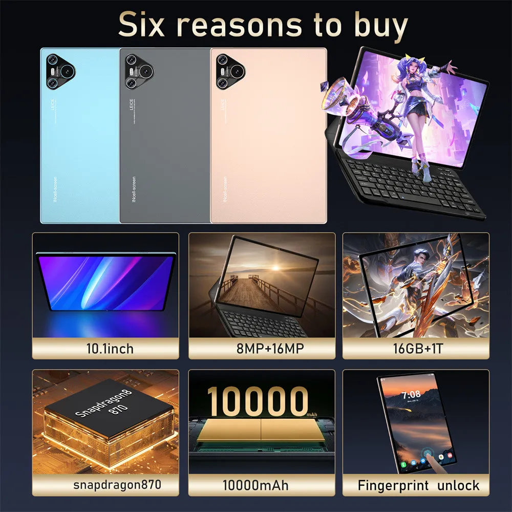 2025 Pad 16 Pro Tablet 10 inch Android 4K WIFI 10000mAh 16GB+1TB Tablets Dual SIM Snapdragon 870 Tablet PC For Children Kids Tab