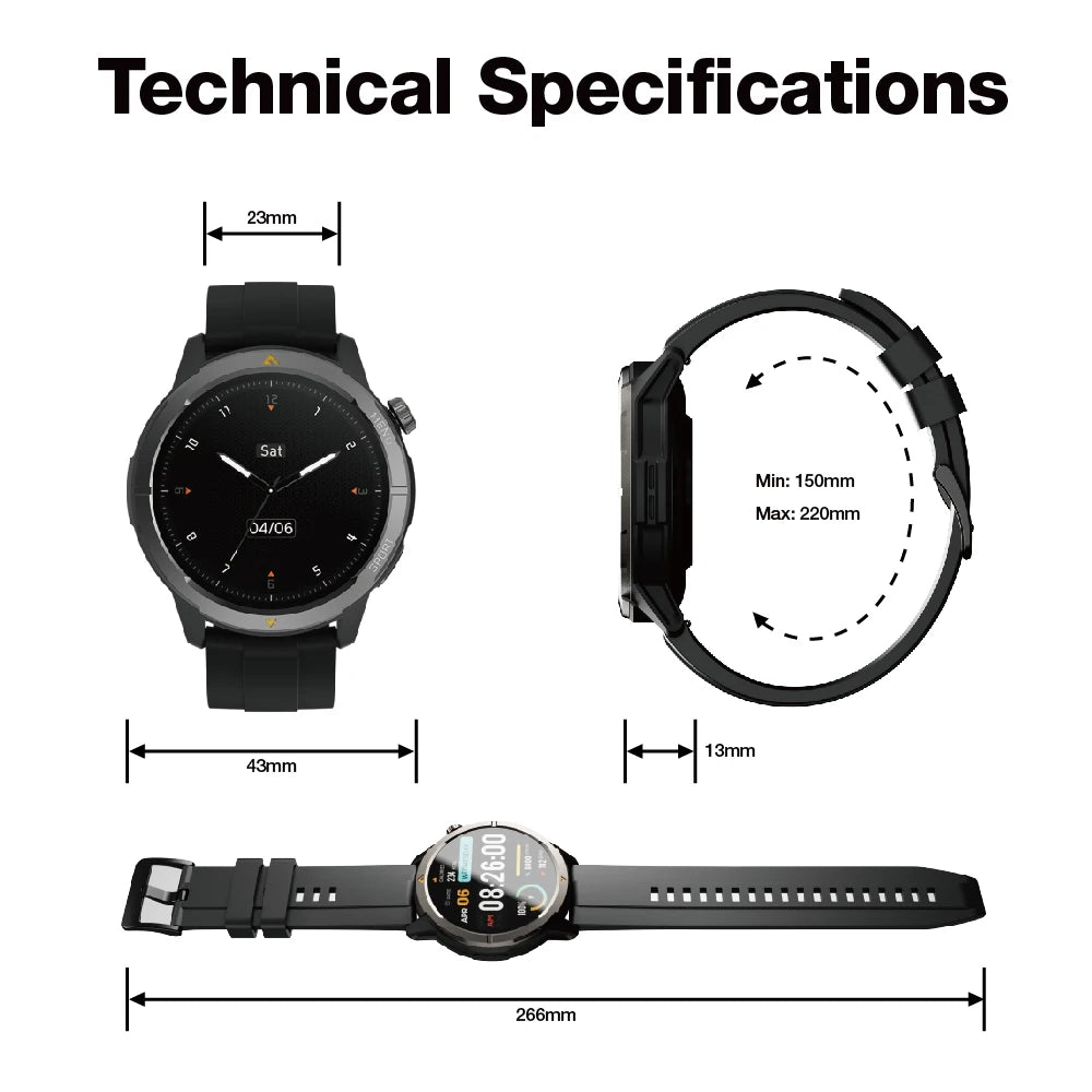 AGM Legion Smartwatch 1.43" AMOLED 5ATM Waterproof 100+ Sports Modes GPS Compass - Rugged Design for Outdoor Enthusiasts
