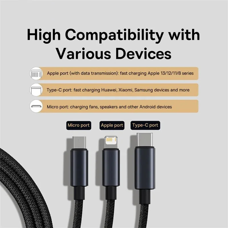 3 in 1 USB Cable Type C Cable For Samsung Xiaomi Mi 9 Huawei Cable For iPhone 13 12 11 Phone Charger Micro USB Data Cable