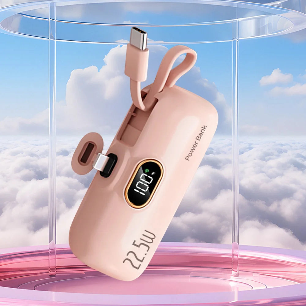 Mini Portable Power Bank 5000mAh 22.5W Fast Charge LED Display Lightning/Type-C Plug Capsule External Battery Pack Powerbank