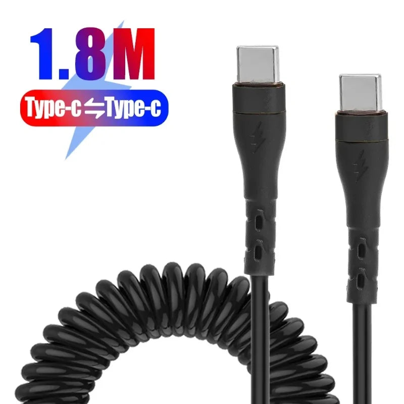 PD 120W Coiled USB C To C Cable Retractable Cable Curls Fast Charge Cord for Samsung IPhone 15 Pro Max Type C Data Transfer Wire