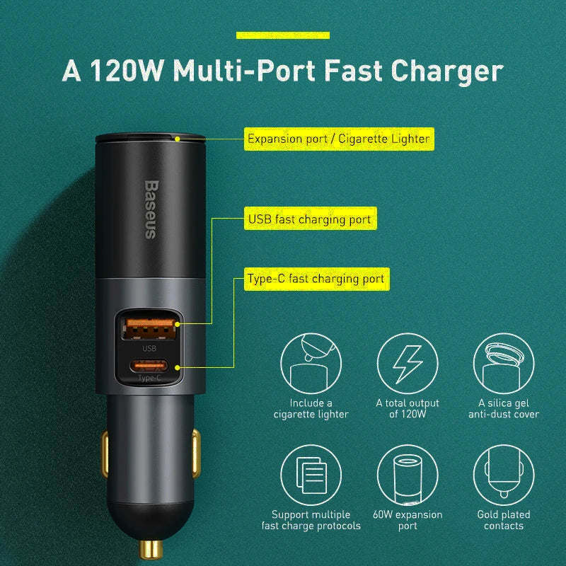 Baseus 120W Fast Car Charger QC 3.0 PD 3.0 USB Phone Car Charger For iPhone 16 15 14 13 Pro Samsung Xiaomi Mobile Phone Charger