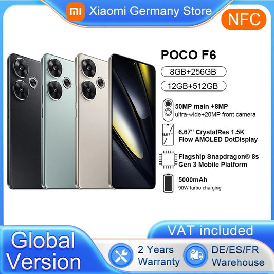 Global Version POCO F6 5G 256GB/512GB Snapdragon 8s Gen 3 NFC 6.67” 120Hz AMOLED Display 50MP Camera 90W Turbo Charging 5000mAh