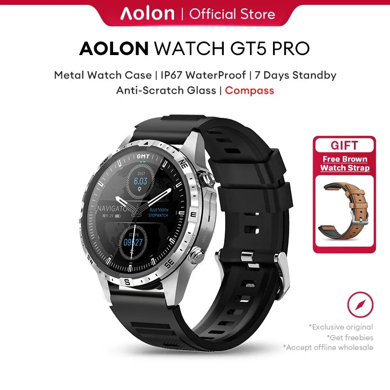 Aolon GT5pro Smart Watch Men 1.6 inch Full Screen HD Bluetooth Call 100+Sport Fitness Tracker Waterproof Smartwatch With compass