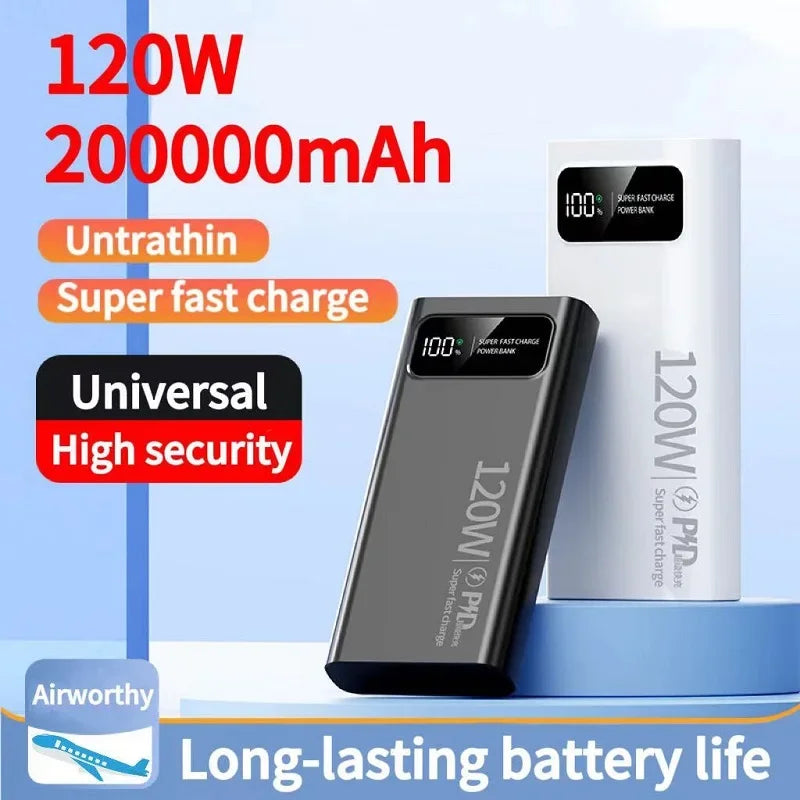 200000mAh Power Bank Super Fast Charging 120W Portable Ultralarge Capacity Battery With LED Digital Display For iPhone Xiaomi