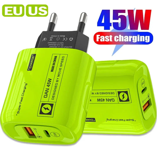 45W Fast Charging Wall Charger Adapter PD 25W QC3.0 USB Type C GaN ChargerS EU/US/UK Plug For iPhone Samsung Xiaomi Huawei