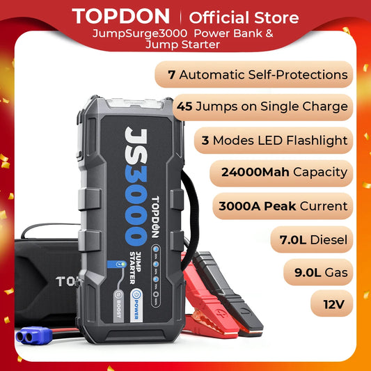 Topdon JS3000 3000A Jump Starter Power Bank 12V Car Starting Device 24000Mah Battery Jump Start for Booster For 9L Gas&7L Diesel