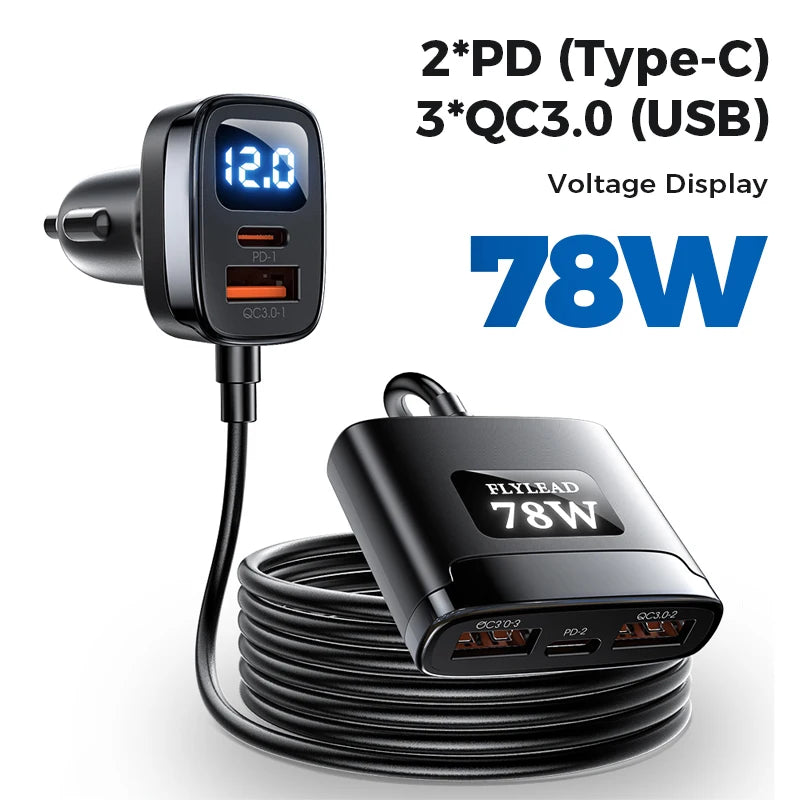 Joyroom Car Charger USB C, 78W 5-in-1 Car Charger Fast Charge PD3.0/PPS/QC4.0, Type C Car USB Charger Multi Port with Display