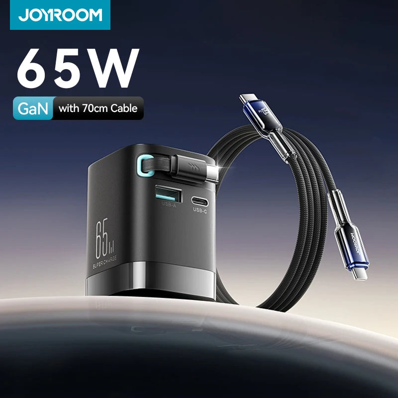 Joyroom PD 3.0 65W GaN Charger with Retractable USB C Cable Desktop Charger EU Plug Fast Charging for iPhone 16 15 Tablet Laptop