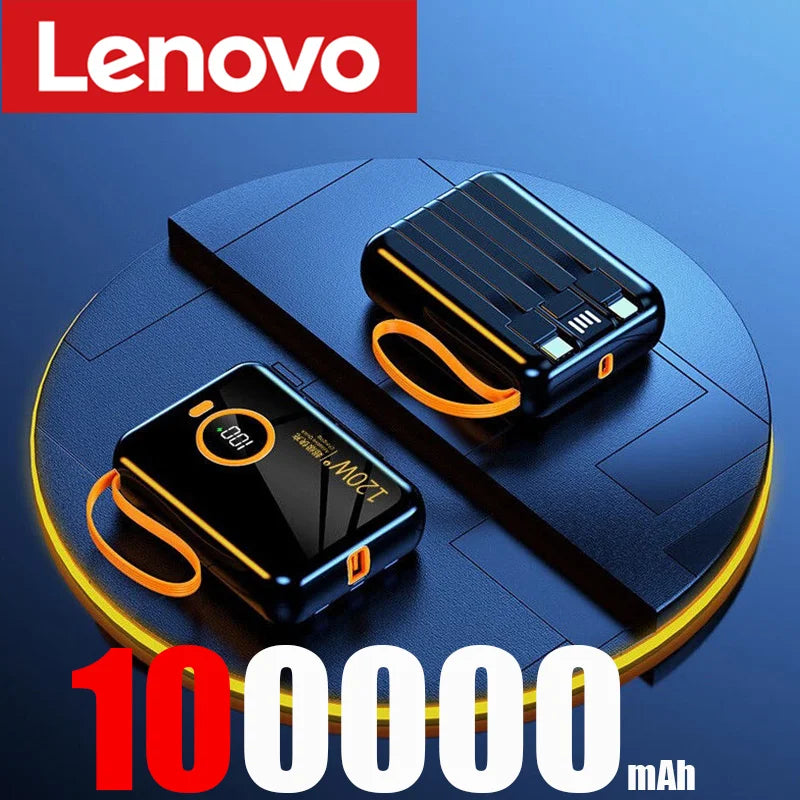 Lenovo 120W 100000mAh Portable Power Bank High Capacity Cable Two-way Fast Charging Mini Powerbank for iPhone Samsung ﻿2024