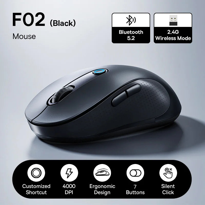 Baseus F02 Wireless Mouse Bluetooth 5.2 2.4G 4000DPI Ergonomic 7 Mute Buttons Mice for iPad MacBook Tablet Laptop Computer Mouse