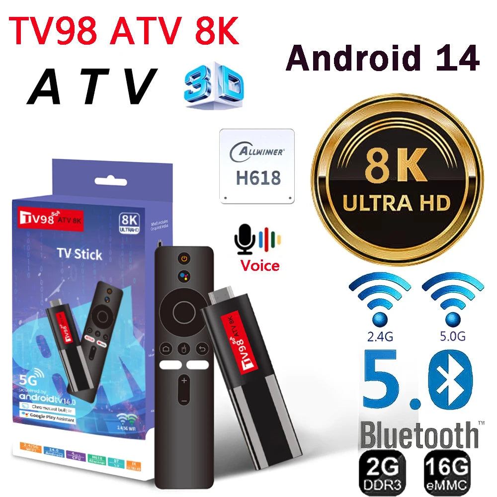 TV98 ATV 8K Mini TV Stick Android 14 Allwinner H618 Quad Core Cortex A53 8K HDR10+ iptv 4G&5G WIFI BT 5.0 Voice Smart TV BOX