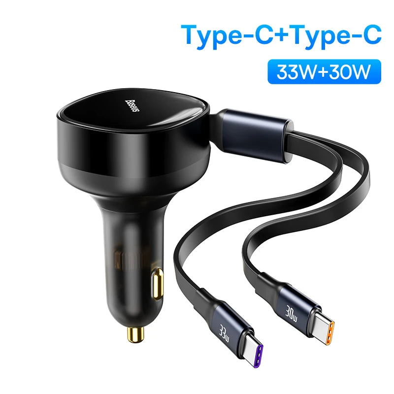 Baseus 2-in-1 Car Charger PD 20W Fast Charging Retractable Cable 30W 33W Quick Charging Phone Charger Type C For Xiaomi iPhone