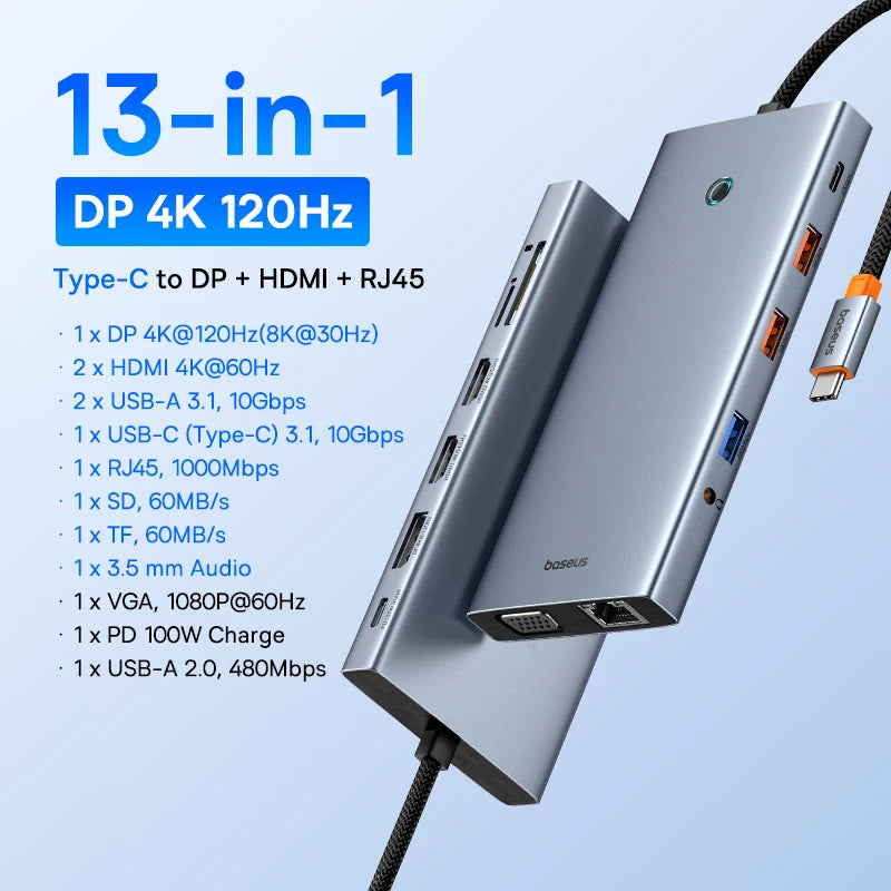 Baseus USB C Hub Type C to HDMI USB HUB Adapter 13-In-1 DP 4K 60Hz 120Hz RJ45 VGA Converter PD 100W USB A 3.1 2.0 For Macbook PC