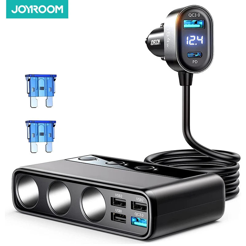 Joyroom 154W  9 in 1 Car Charger Adapter PD 3 Socket Cigarette Lighter Splitter Charge Independent Switches DC Cigarette Outlet