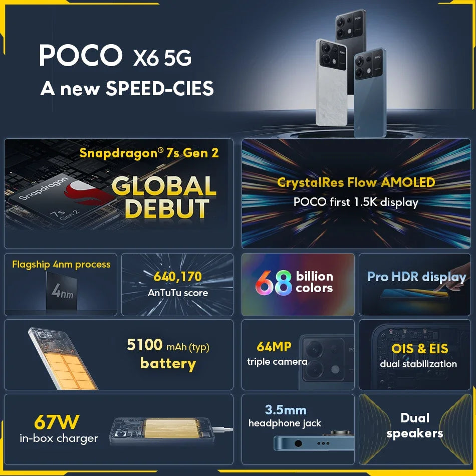 Global Version POCO X6 5G Snapdragon 7s Gen 2 Octa Core 6.67 ''120Hz AMOLED Display 64MP Camera 67W Fast Charge 5100mAh Battery