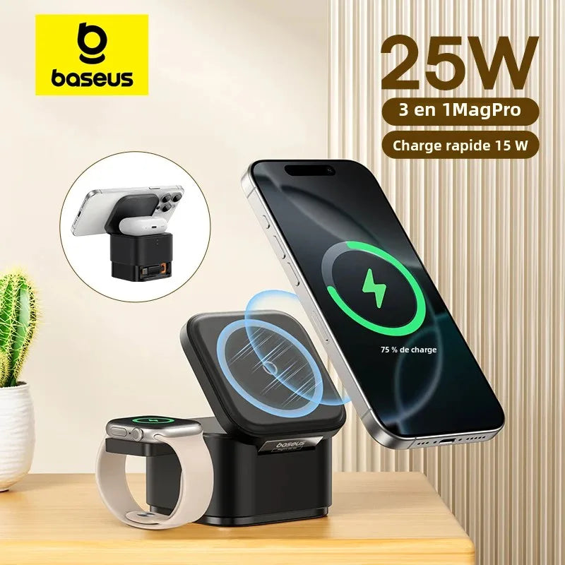 Baseus 3 in 1 Wireless Charger 15W Fast Magnetic Wireless Charger  Desktop Station For iPhone 16 15 14 13 Airpod Apple Watch