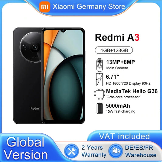 Global Version Xiaomi Redmi A3 Smartphone Mediatek Helio G36 Hd Screen 6.71 Inch Dual Camera 5000mah Battery 10w Fast Charge