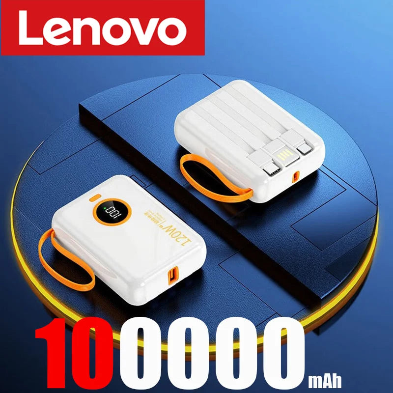 Lenovo 120W 100000mAh Portable Power Bank High Capacity Cable Two-way Fast Charging Mini Powerbank for iPhone Samsung ﻿2024