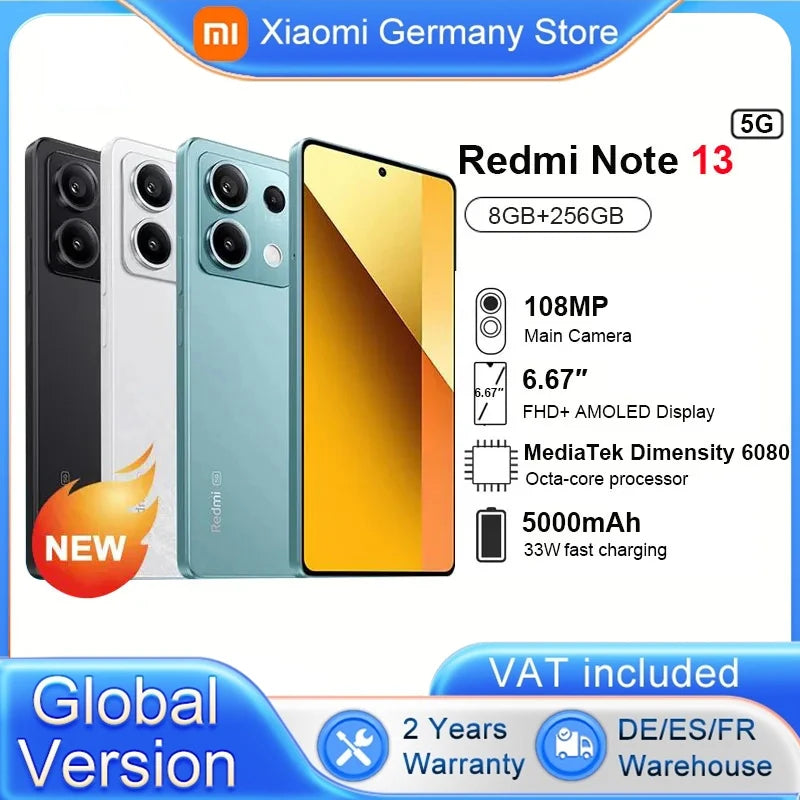 Global Version Xiaomi Redmi Note 13 5G 8GB 256GB Smartphone  Dimensity 6080 120Hz AMOLED DotDisplay 108MP Camera 33W NFC