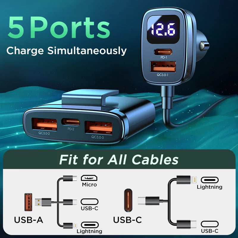 Joyroom Car Charger USB C, 78W 5-in-1 Car Charger Fast Charge PD3.0/PPS/QC4.0, Type C Car USB Charger Multi Port with Display