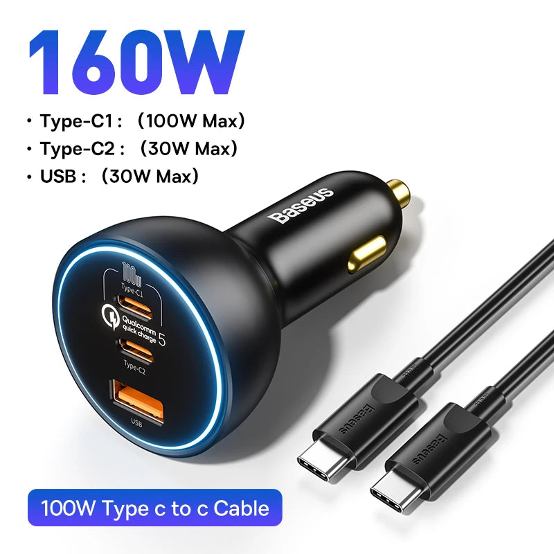 Baseus 160W Car Charger QC 5.0 Fast Charging PPS PD3.0 USB Type C Car Phone Charge For iPhone 16 15 14 Laptops Tablets Samsung