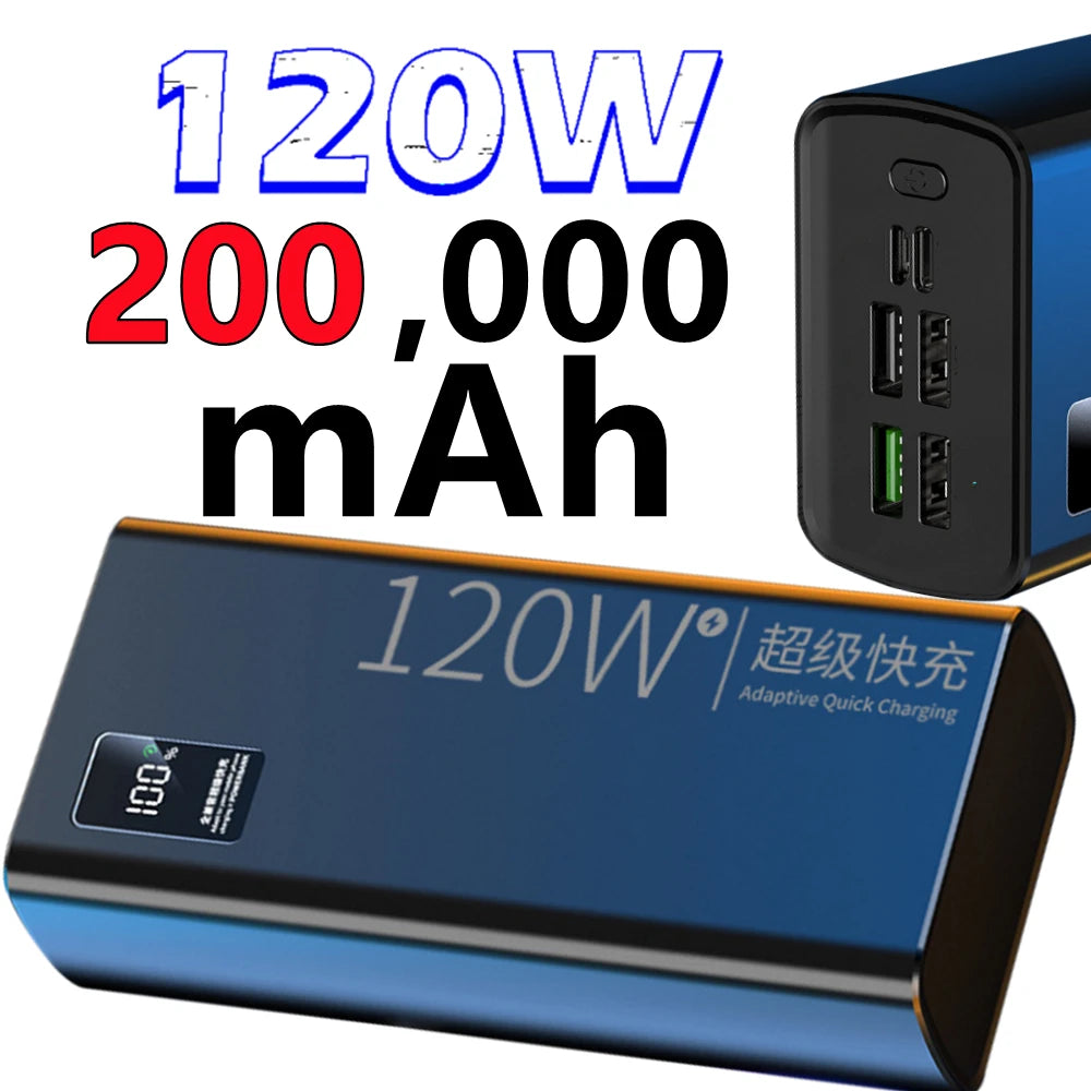 120W Power Bank For Xiaomi  Super Fast Charging 200,000mAh Ultralarge Capacity For  External Battery For Cell Phones, Laptops