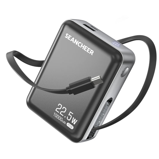 Mini Portable Charger,10000mAh Power Bank with 22.5w Fast Charging Retractable USB-C Cable,USB C in/Output  for iPhone 16/15