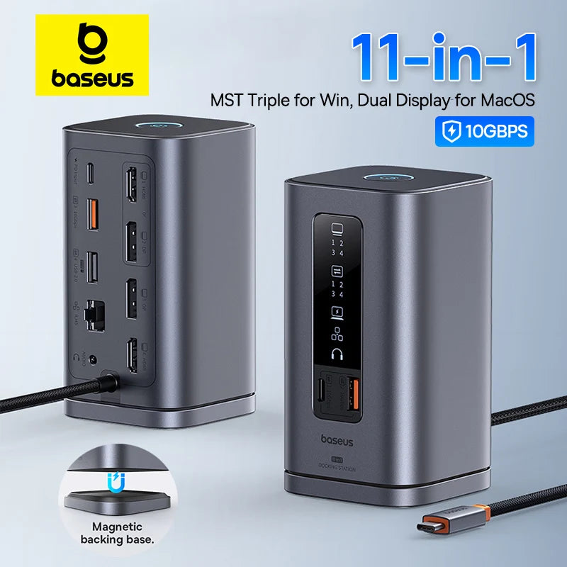 Baseus USB C Hub to DP 4K@60Hz HDMI DisplayPort 11-IN-1 Docking Station Triple Display RJ45 PD 100W For Window Mac USB 3.1 HUB