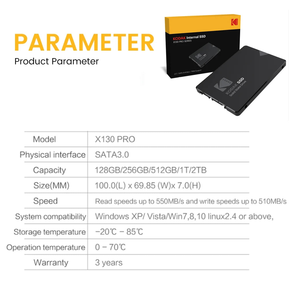 Kodak X130 PRO SSD Hard Disk Drive 128GB 256GB 512GB 1TB Hdd 2.5 SATA3.0 Disk Internal Hard Drive for Laptop Computer