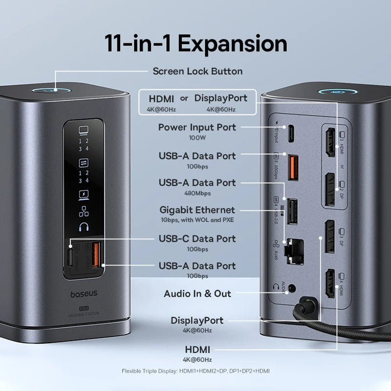 Baseus USB C Hub to DP 4K@60Hz HDMI DisplayPort 11-IN-1 Docking Station Triple Display RJ45 PD 100W For Window Mac USB 3.1 HUB