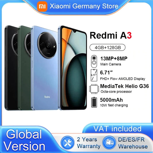 Global Version Xiaomi Redmi A3 Smartphone Mediatek Helio G36 Hd Screen 6.71 Inch Dual Camera 5000mah Battery 10w Fast Charge