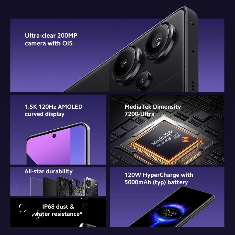 Global Version Xiaomi Redmi Note 13 Pro Plus 5G Smartphone 120W Hyper Charge MTK Dimensity 7200-Ultra 200MP Camera NFC