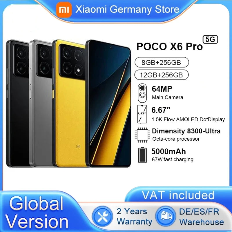 Global Version POCO X6 Pro 5G 256GB/512GB Dimensity 8300-Ultra 6.67 "AMOLED Display 1.5K 120Hz 64MP Camera With OIS 67W Charging