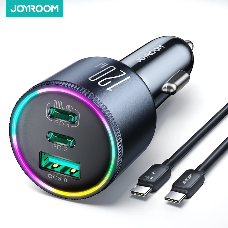 JOYROOM 120W Car Charger USB C for iPhone 15 Pro 3 Port Super Fast Car Charger Adapter PD 100W&35W QC 4.0 Car Phone Charger