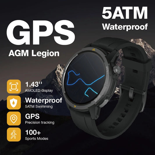 AGM Legion Smartwatch 1.43" AMOLED 5ATM Waterproof 100+ Sports Modes GPS Compass - Rugged Design for Outdoor Enthusiasts